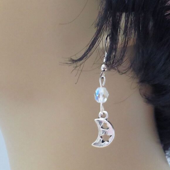 Handmade Silver Toned Crescent Moon Dangle Earrings, Moon Lover Gift for Women - Picture 4 of 8